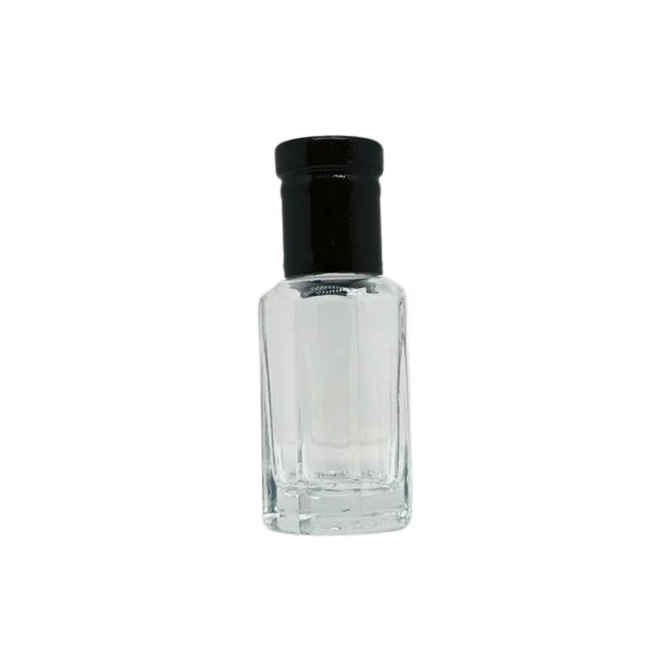 Plain glass perfume or essential oil bottle with black lid and application roller - box of 12