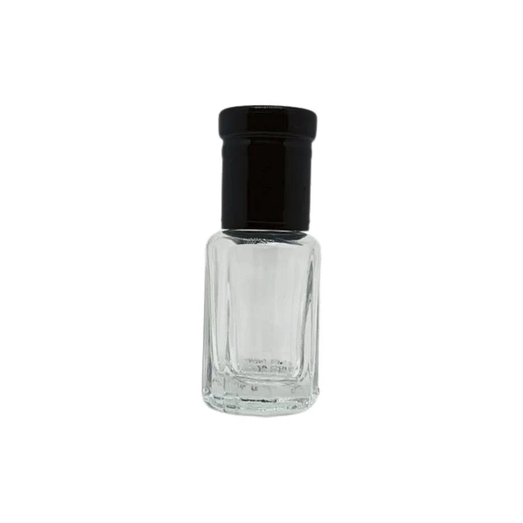 Plain glass perfume or essential oil bottle with black lid and application roller - box of 12