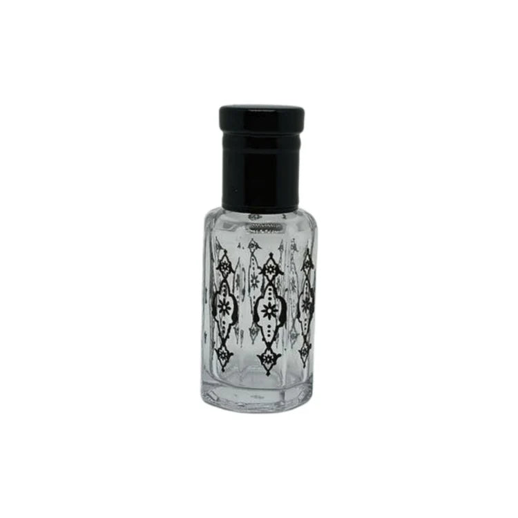 Black patterned glass perfume or essential oil bottle with black lid and application roller - box of 12