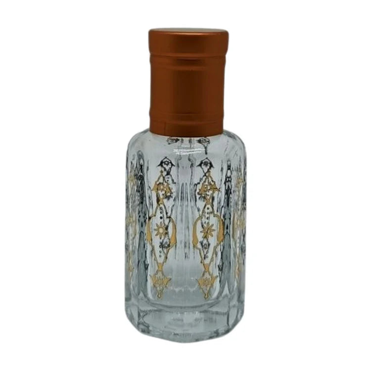 Bronze patterned glass perfume or essential oil bottle with bronze lid and application stick - box of 12