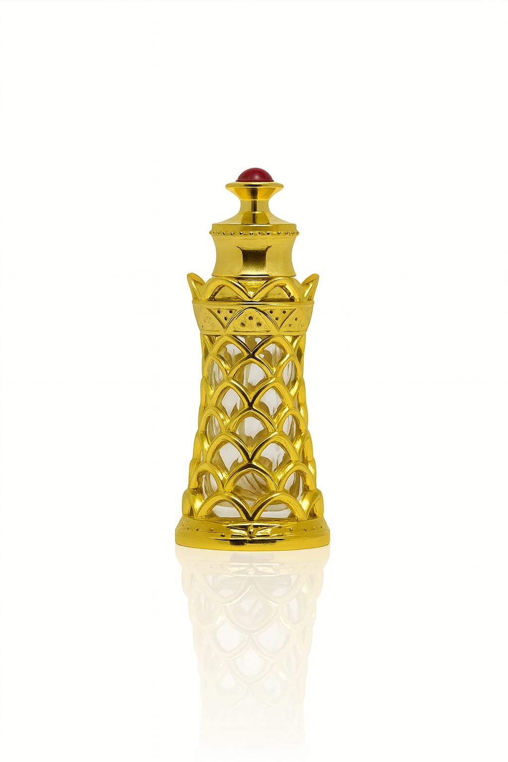 6ml gold and glass arabian design attar oud perfume oil bottle with stick applicator with red stone on lid