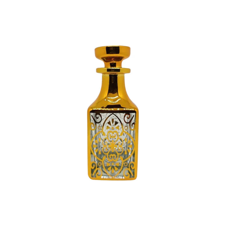 150ml gold patterned fancy glass perfume decanter bottle with gold flat stopper lid