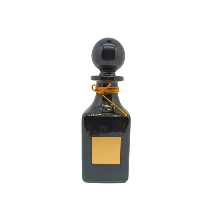 150ml black glass perfume oil decanter with gold label and matching sphere stopper lid