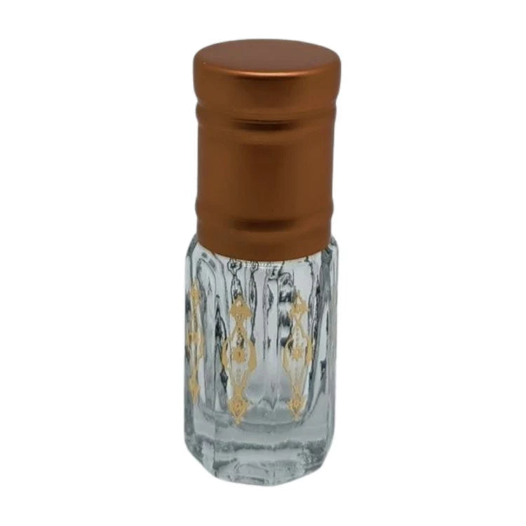 Bronze patterned glass perfume or essential oil bottle with bronze lid and application stick - box of 12
