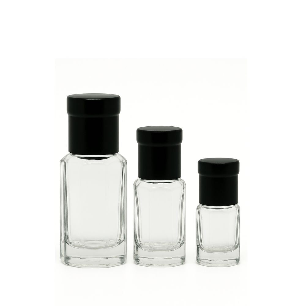 Clear Glass Roller Bottles with Black Cap – Box of 12 (Various Sizes) - refillable glass perfume bottles by Oud Aruma