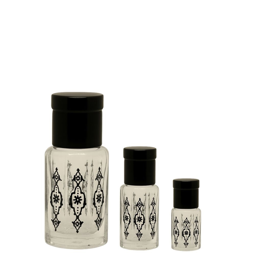 Black Patterned Glass Roller Bottles with Black Cap – Box of 12 (Various Sizes) - refillable glass perfume bottles by Oud