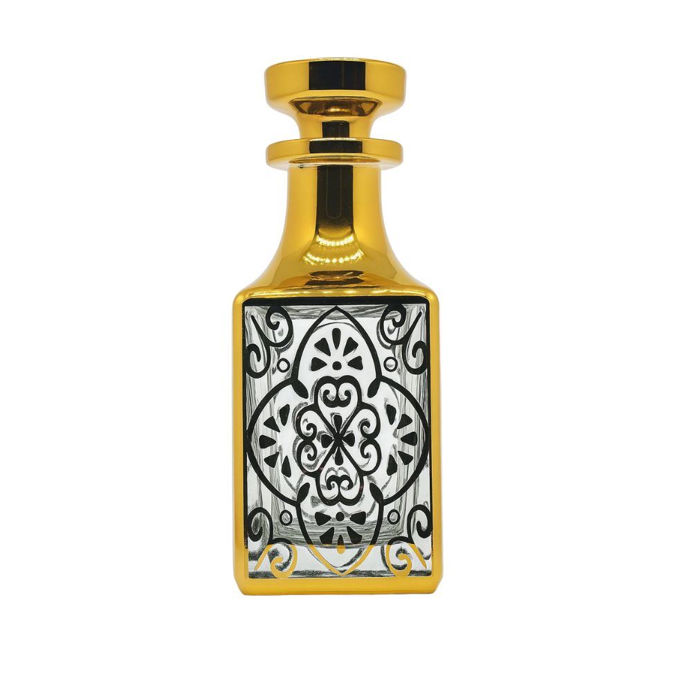 150ml Ornate Gold Glass Decanter with Flat Stopper – Luxury Arabian Style Bottle - refillable glass perfume bottles by Oud