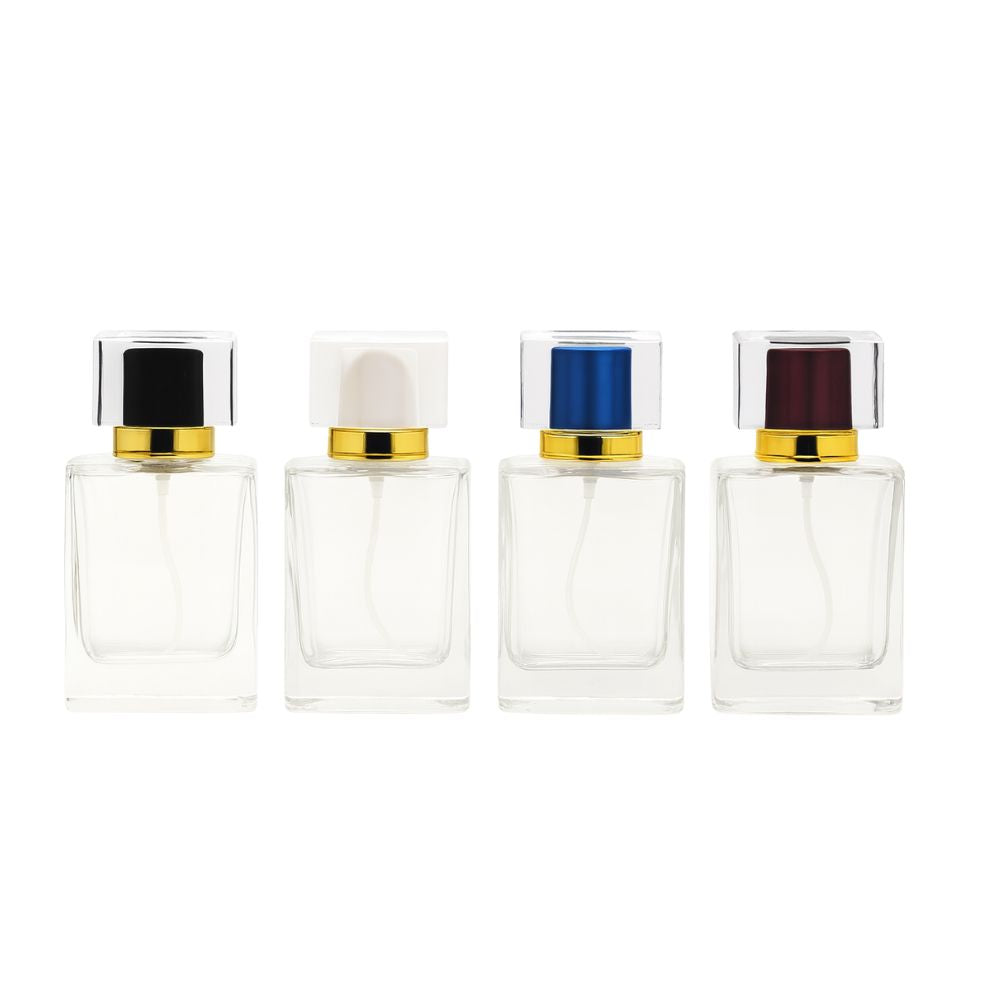 12x 50ml Clear Glass Cubic Spray Perfume Bottles - Empty Refillable Atomizers with Mixed Color Lids (Screw Top, Leak Proof)