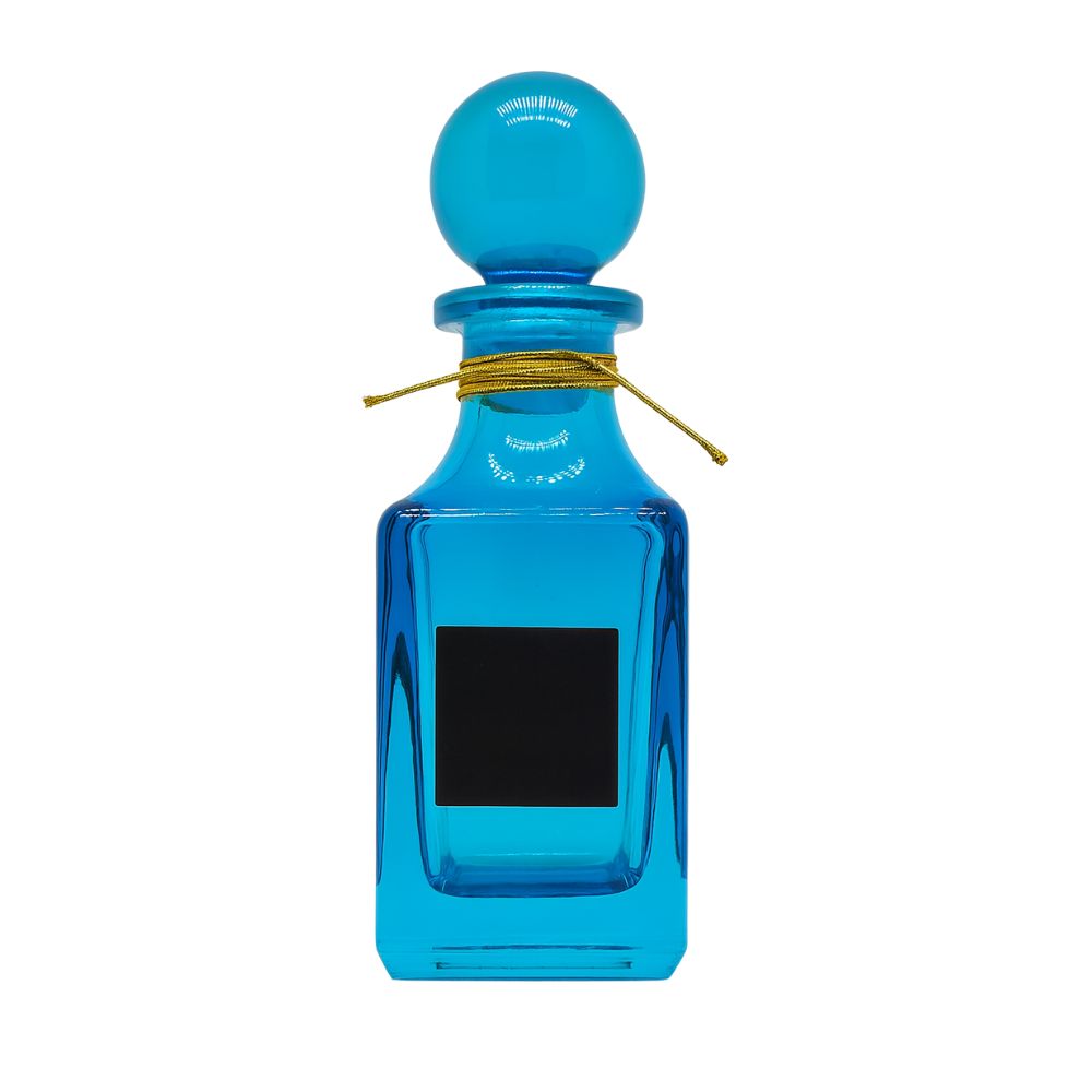 150ml Royal Blue Glass Perfume Decanter with Gold Detail & Sphere Stopper - refillable glass perfume bottles by Oud Aruma