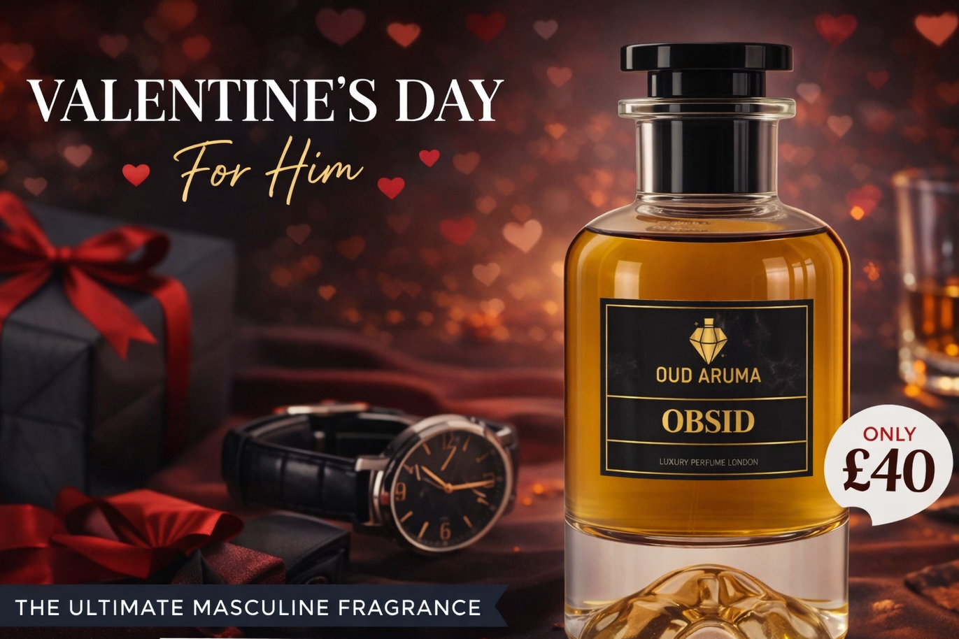 Perfume bottle with gift box, watch, and glass of whiskey on a Valentine's Day-themed background.