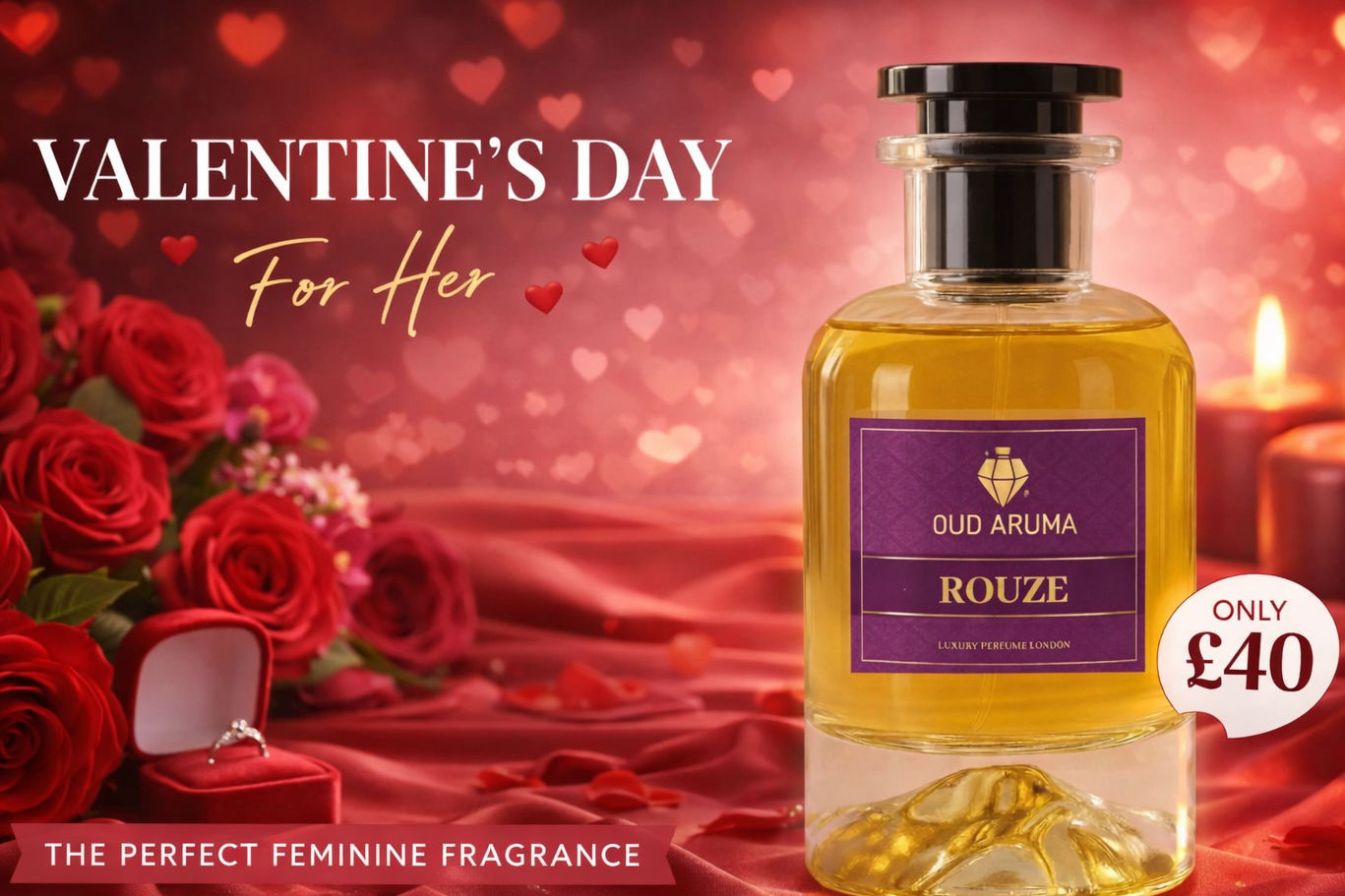 Bottle of Old Aroma Rouze perfume with Valentine's Day text and roses on a red background